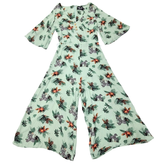 Hell Bunny Women's Sofia Jumpsuit Wide Legs Green/Mint Animal-Palm Print Size S - Picture 3 of 10